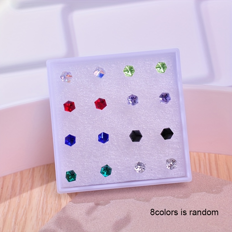 16pcs Crystal Stud Earrings Set, Plastic Post, Sensitive Ears